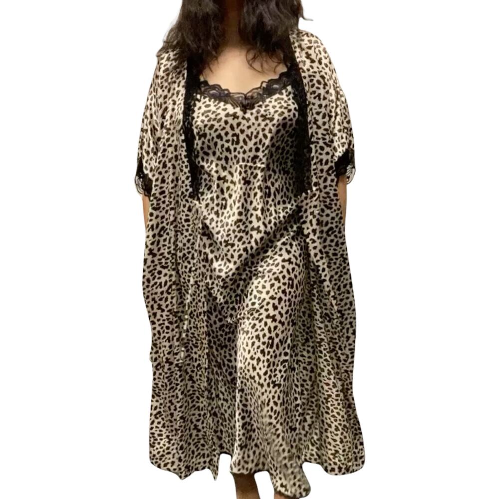 Vintage Inner Most Womens Size XL Leopard Print Lace Trim Nightgown Robe Set